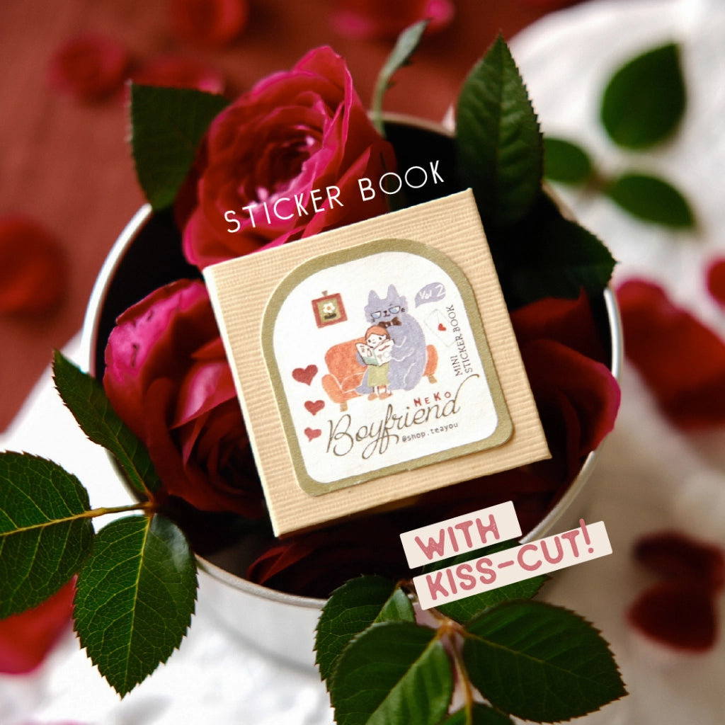 Sticker book with cartoon design surrounded by red roses and green leaves.