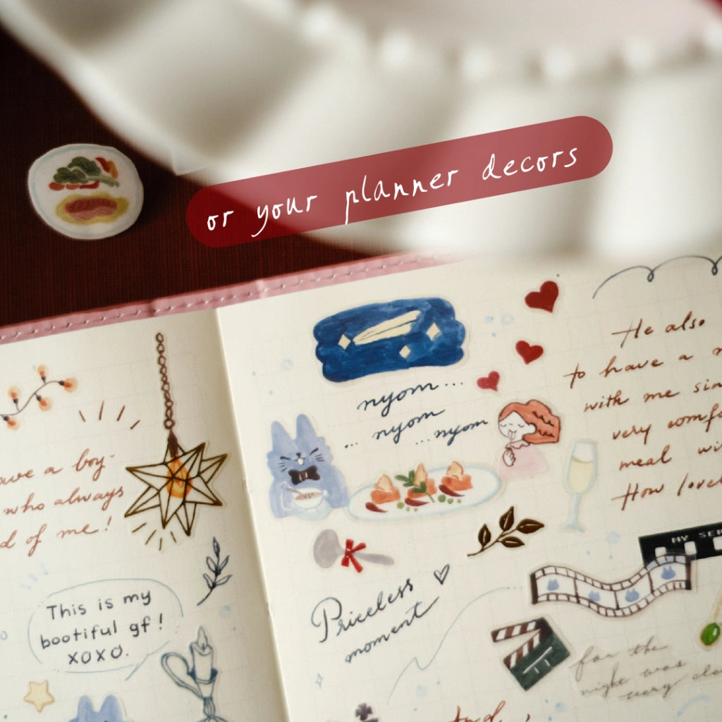 Sticker sheet with various designs and text, featuring a red banner at the top.
