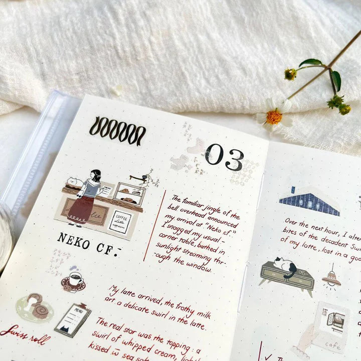 Journal pages decorated with Neko Cafe PET Tape graphics and text, styled with flowers