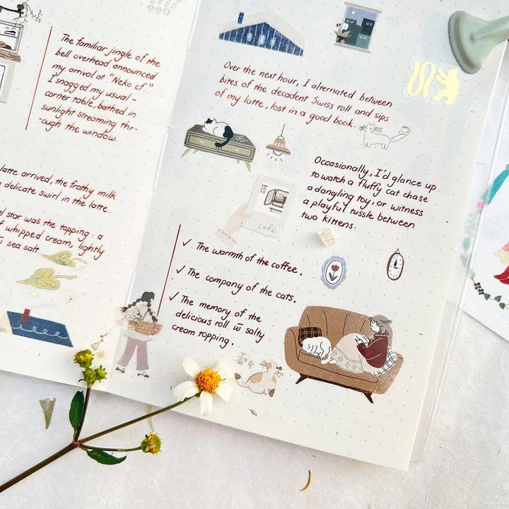 Illustrated journal spread decorated with Neko Cafe PET Tape designs and a single flower