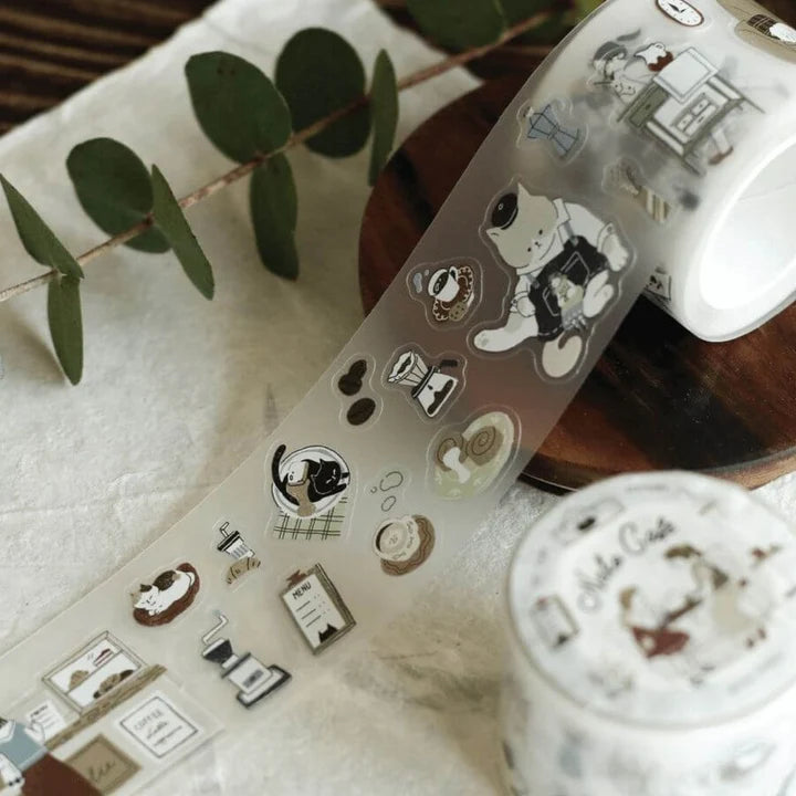 Neko Cafe PET Tape cat designs styled with green leaves and a glass in a cafe-style scene