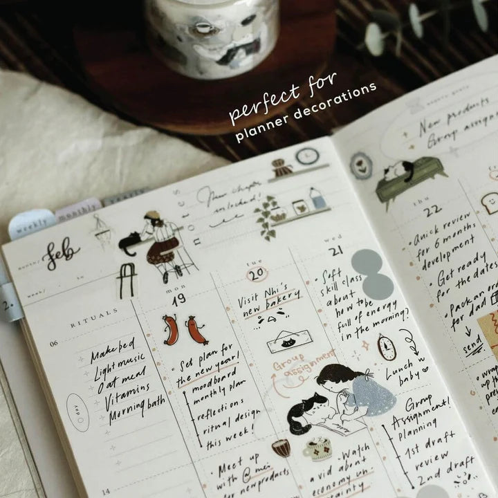 Planner decorated with Neko Cafe PET Tape stickers, shown as perfect for planner decoration