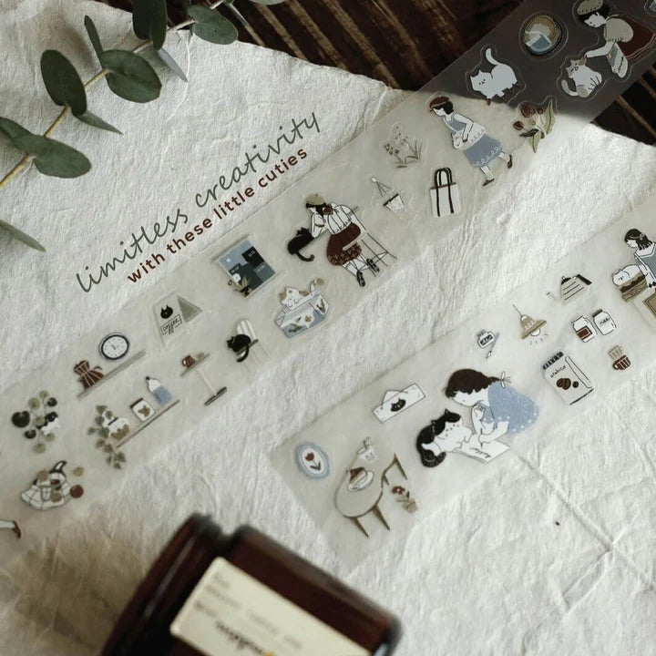 Set of small Neko Cafe PET Tape cat stickers styled with deco elements on a textured surface