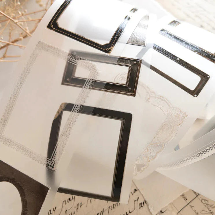 Nostalgia Frames PET Tape clear photo frames with black borders on a textured surface