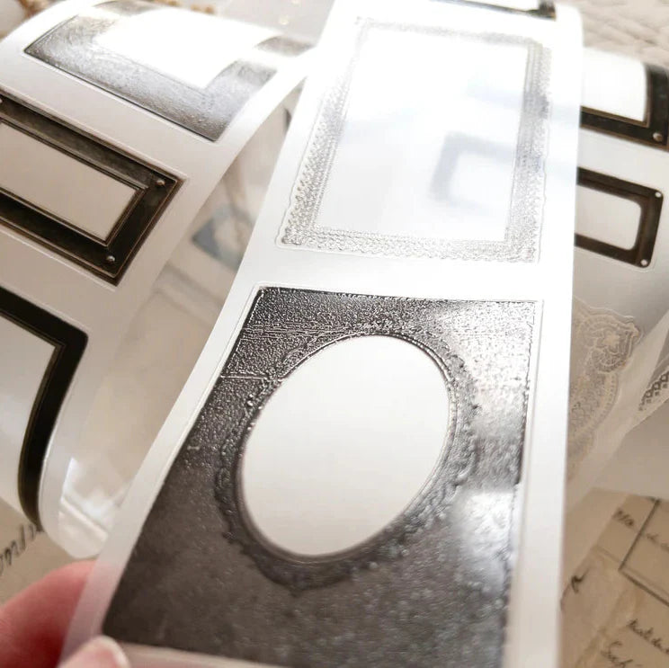 Close-up of the Nostalgia Frames PET Tape roll showing its metallic circular frame design
