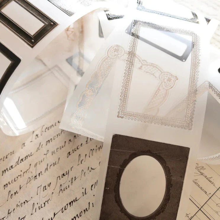 Nostalgia Frames PET Tape styled with vintage photographs and letters on a white surface