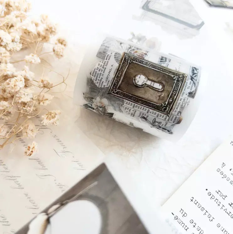 Nostalgia PET Tape lock design styled on a newspaper-wrapped parcel on a light surface