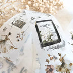 Decorative paper with floral and vintage-style illustrations on a soft, blurred background.