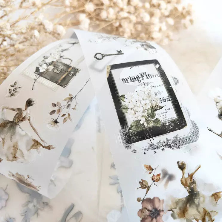 Nostalgia PET Tape floral vintage illustrations on paper with a softly blurred background