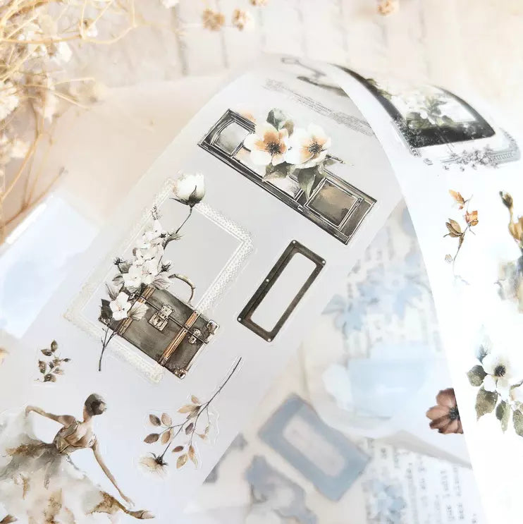 Nostalgia PET Tape floral and suitcase travel designs laid on a white background