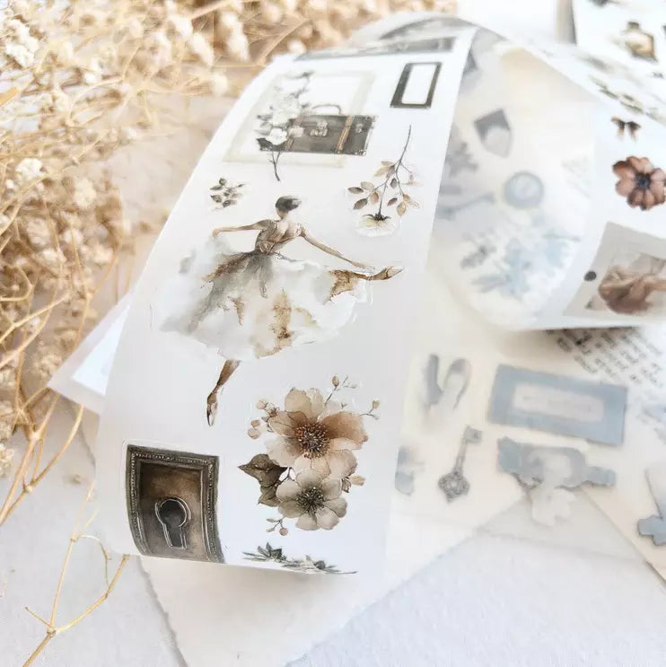 Set of Nostalgia PET Tape floral and architectural sticker designs on a light surface