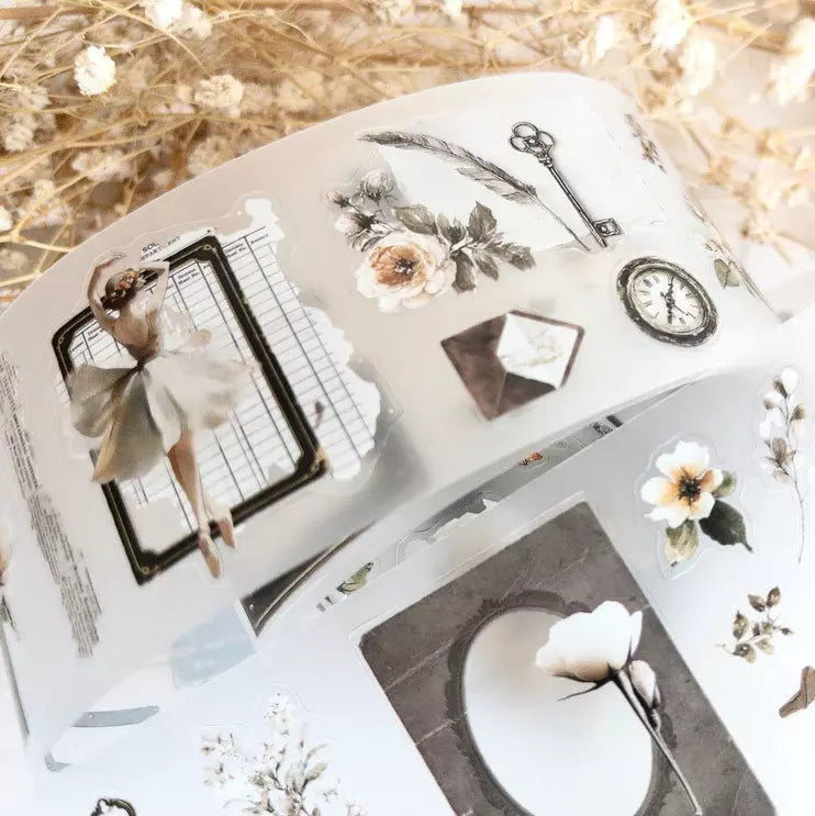 Nostalgia PET Tape floral, clock and window motif stickers arranged on a white surface