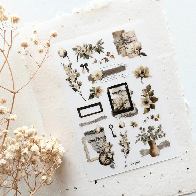 Nostalgia Transfer Sticker sheet with botanical illustrations, labels and frames in neutral tones