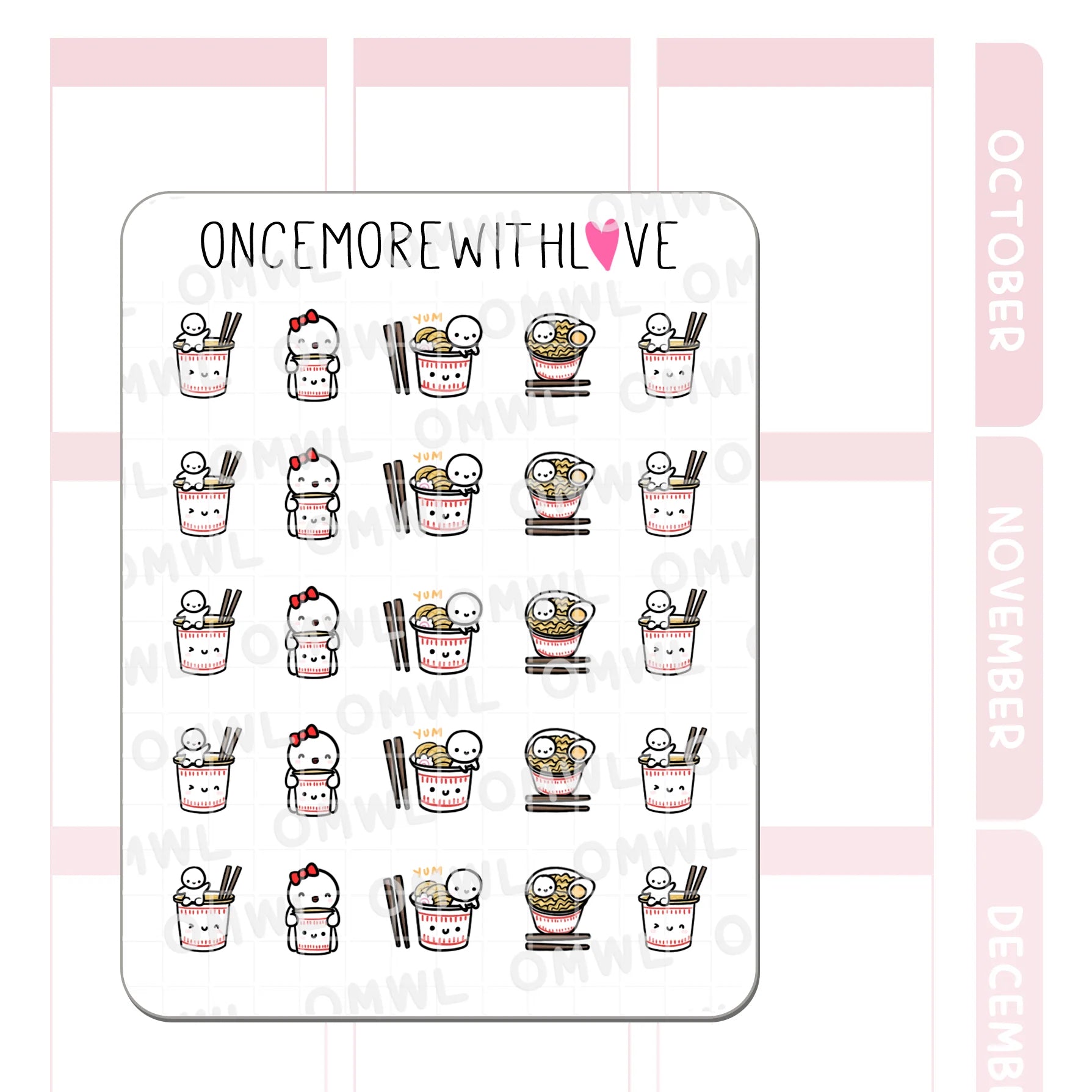 Detail view of the Instant Noodles Munchkins Sticker Sheet quick-meal foodie illustrations