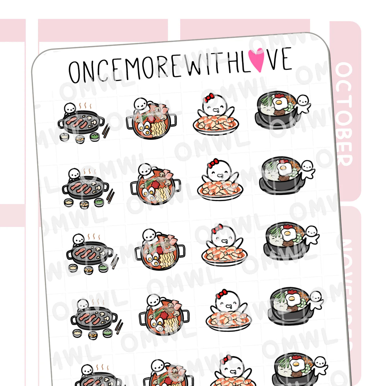 Korean Food Munchkins Sticker Sheet by OnceMoreWithLove with tasty Korean dish stickers