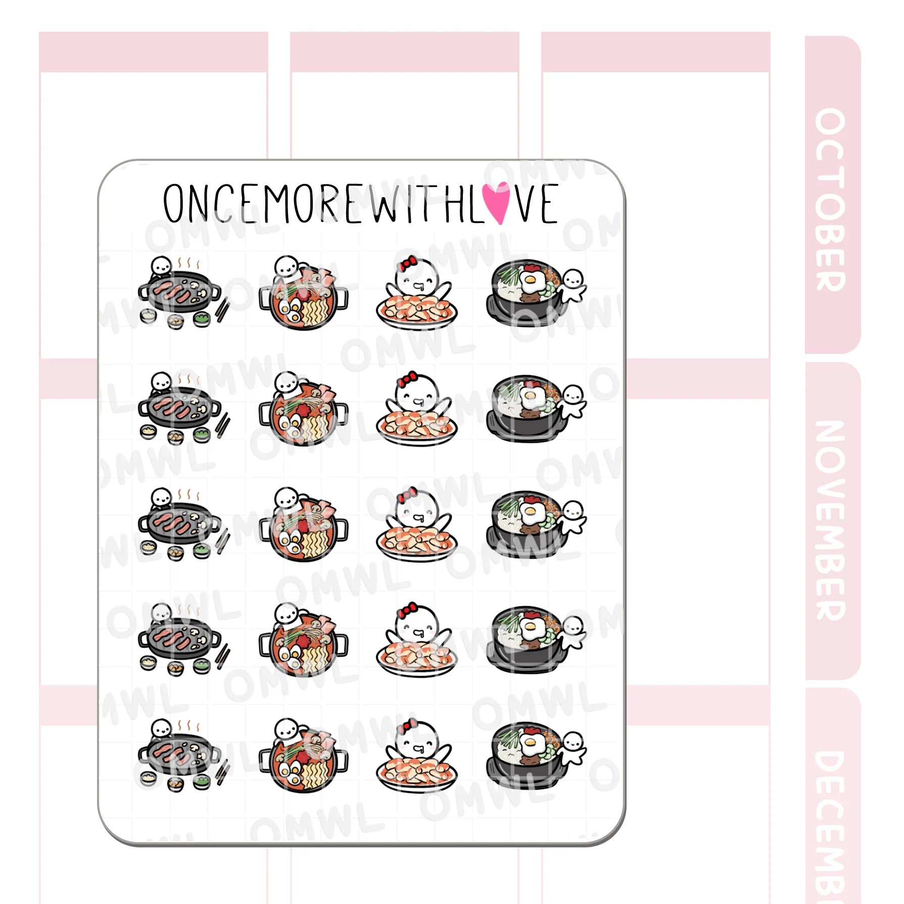 Detail view of the Korean Food Munchkins Sticker Sheet foodie illustration designs