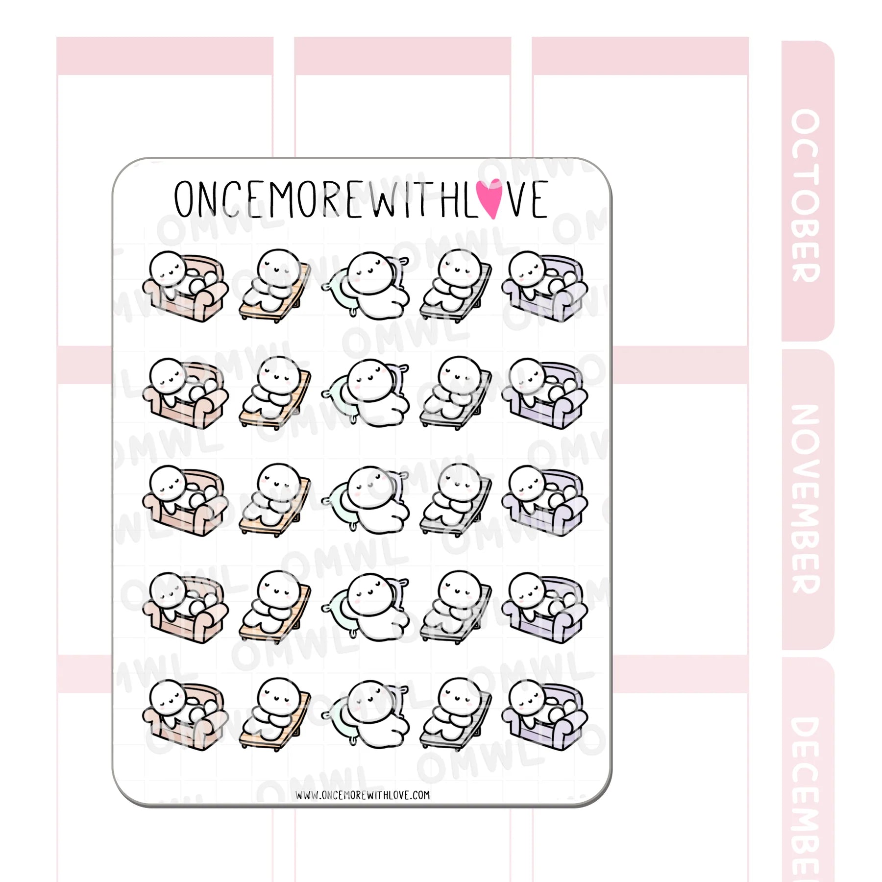 Detail view of the Relaxing Munchkin Sticker Sheet cozy break time illustrations
