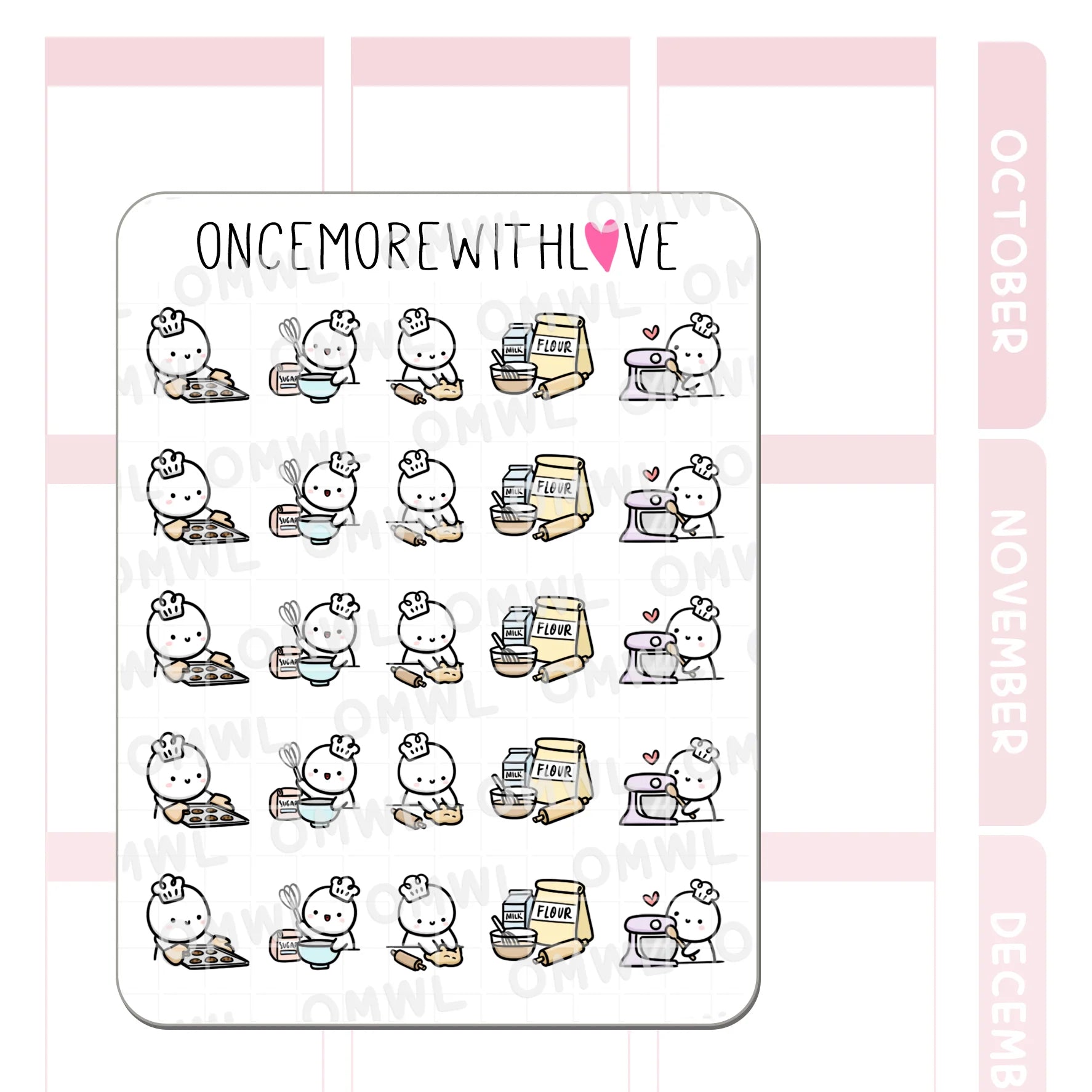 Detail view of the Baking 2.0 Munchkins Sticker Sheet cozy baking-day illustrations