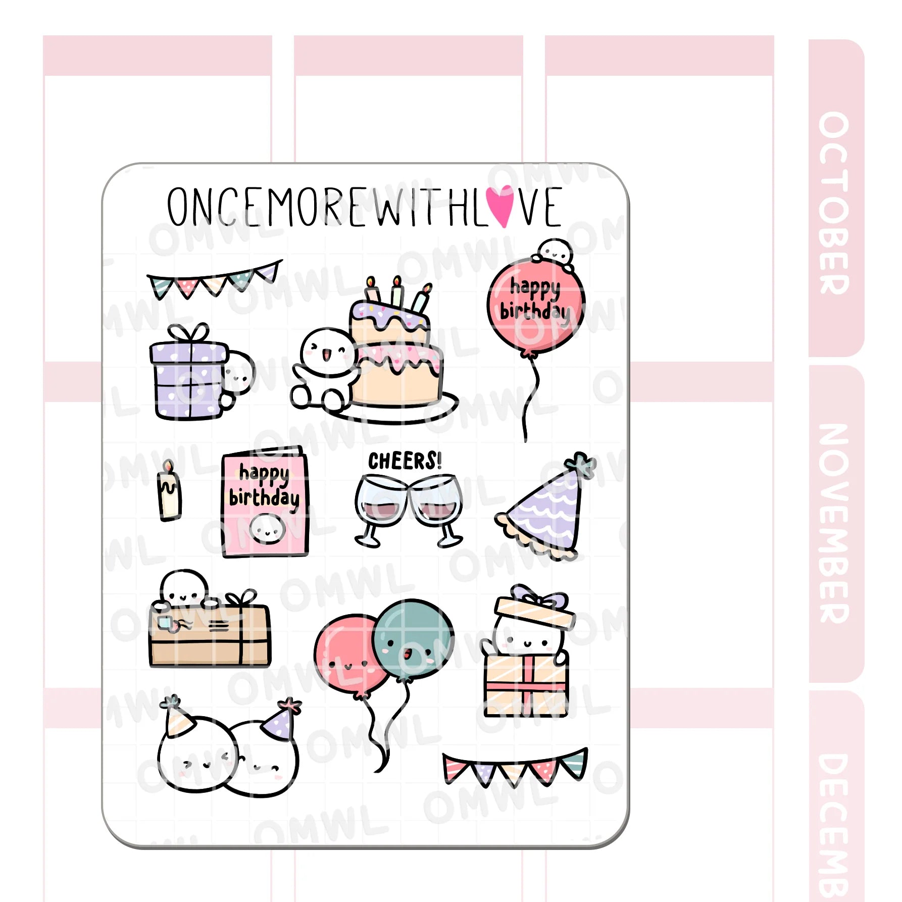 Detail view of the Large Birthday Deco Doodles Sticker Sheet party planning illustrations