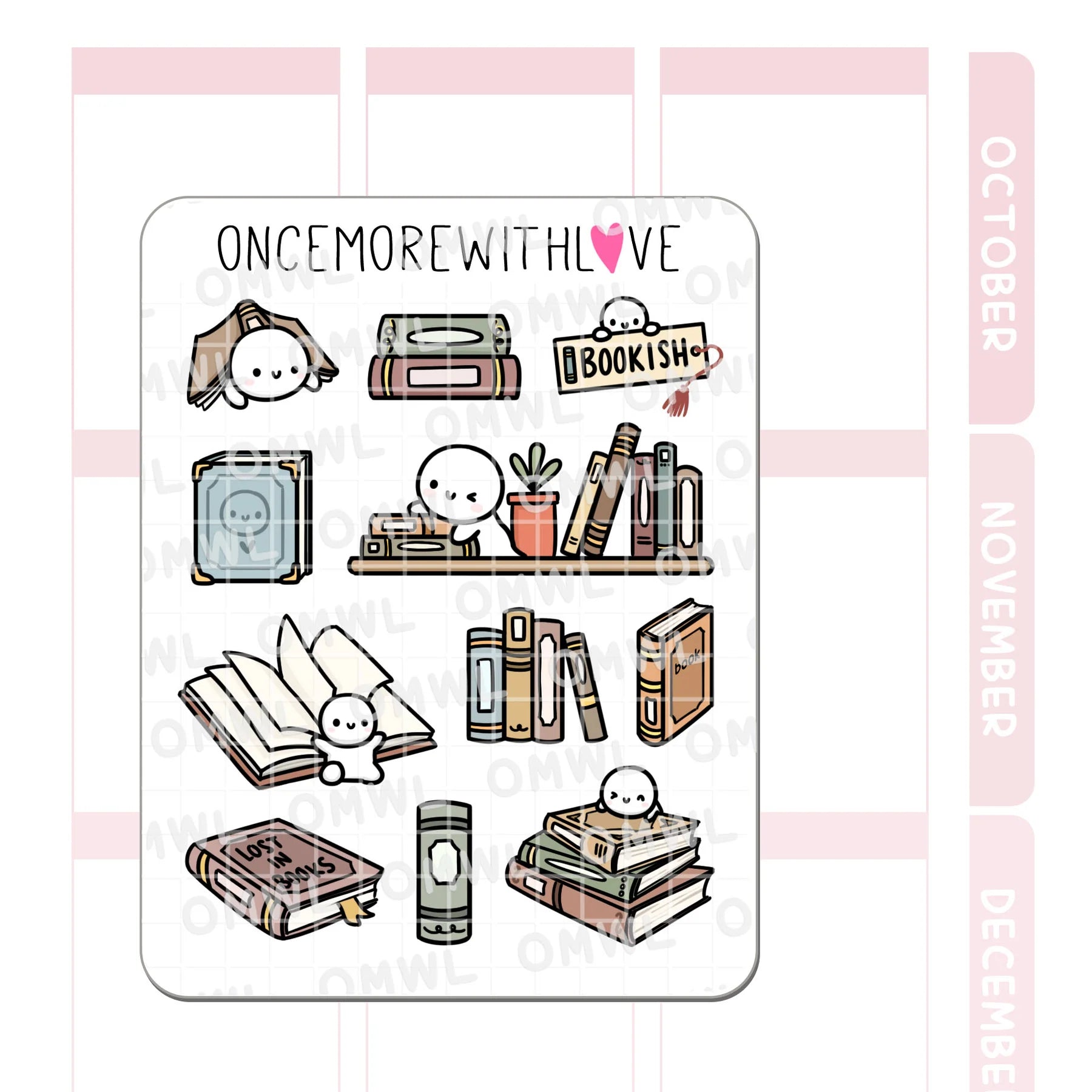 Detail view of the Bookish Large Deco Sticker Sheet book-lover journaling illustrations