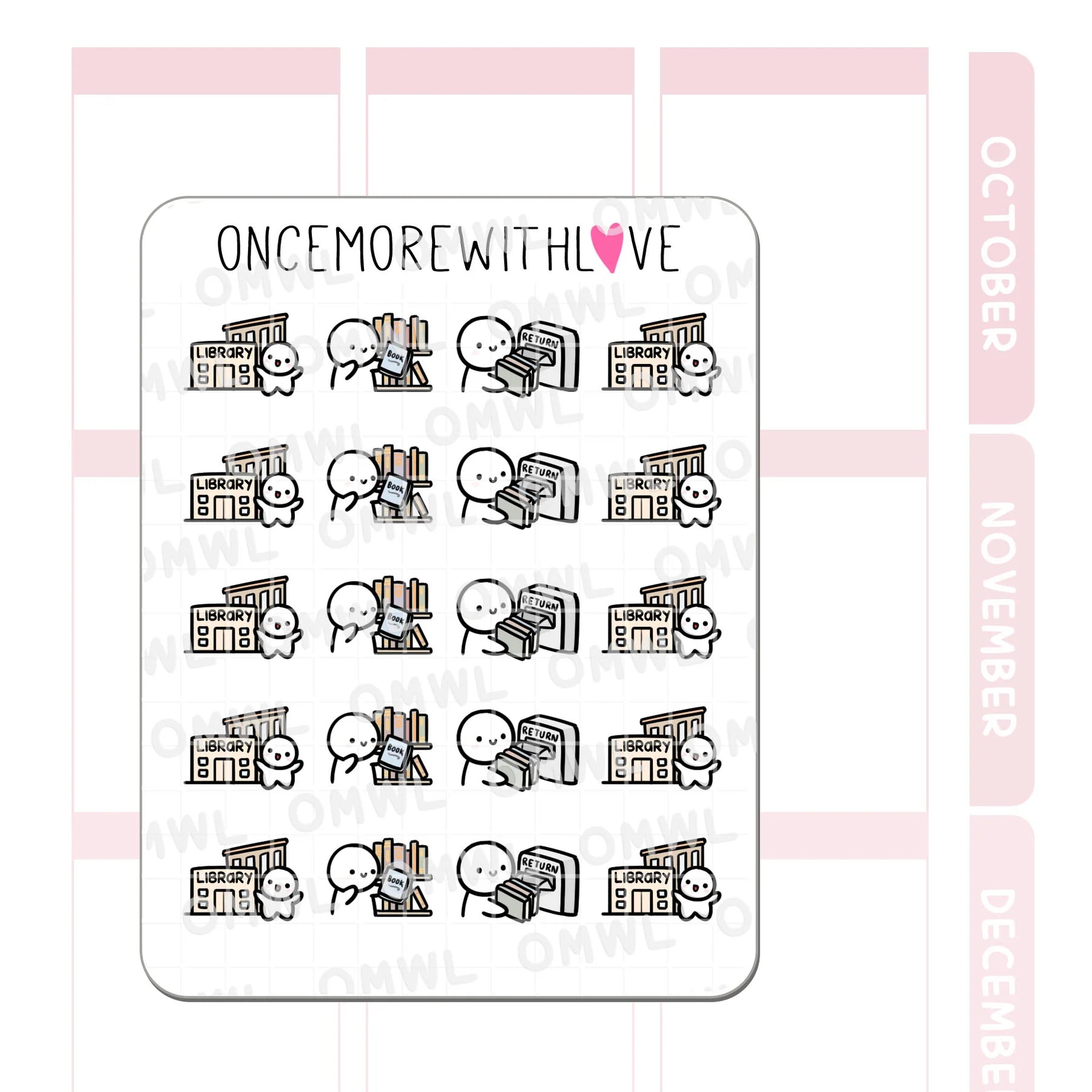 Detail view of the Library Munchkin Sticker Sheet book-lover study session illustrations