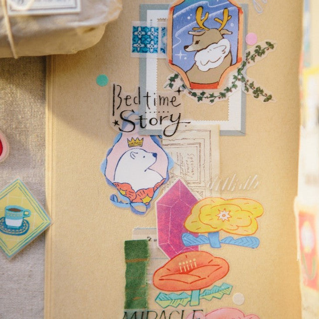 Bed Time Stories PET Tape deer, bear and fairytale elements printed on a warm beige background