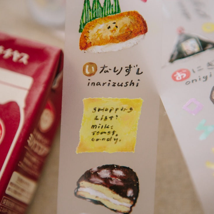 Sticker sheet of Convenience Store PET Tape Japanese food illustrations with a milk carton behind