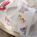 Card with a dog illustration and text on a blurred background