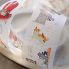Card with a dog illustration and text on a blurred background
