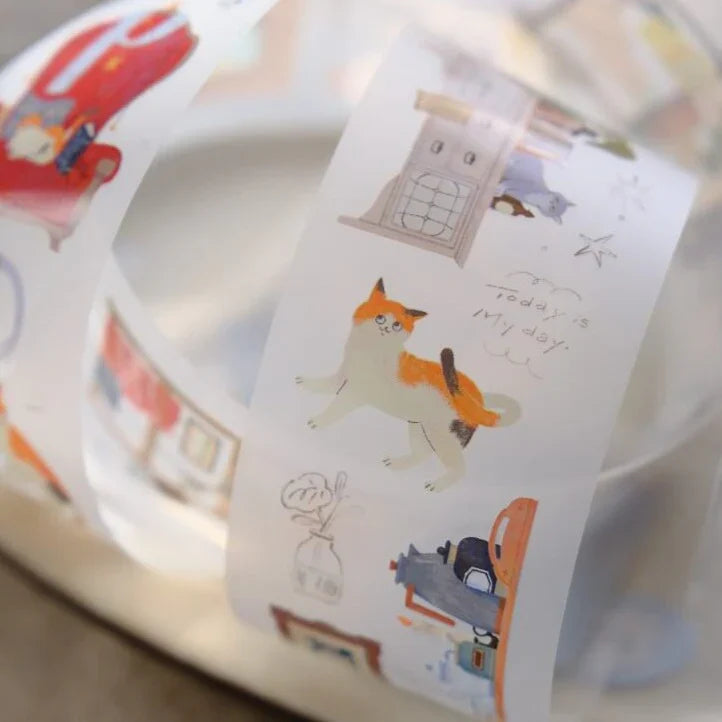 Life With Cats PET Tape by OURS Studio pet illustration card with text on a blurred backdrop