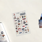 Sheet of illustrated stickers on a white background