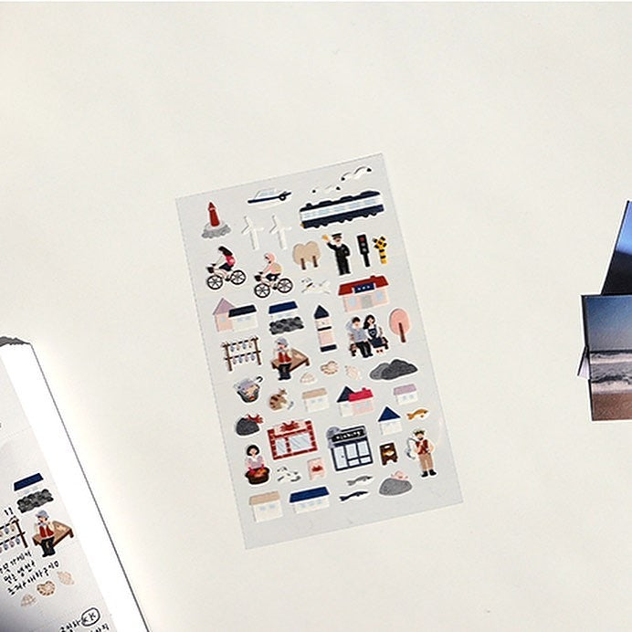 Sheet of illustrated stickers on a white background