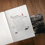Open book with text and illustrations on a wooden surface
