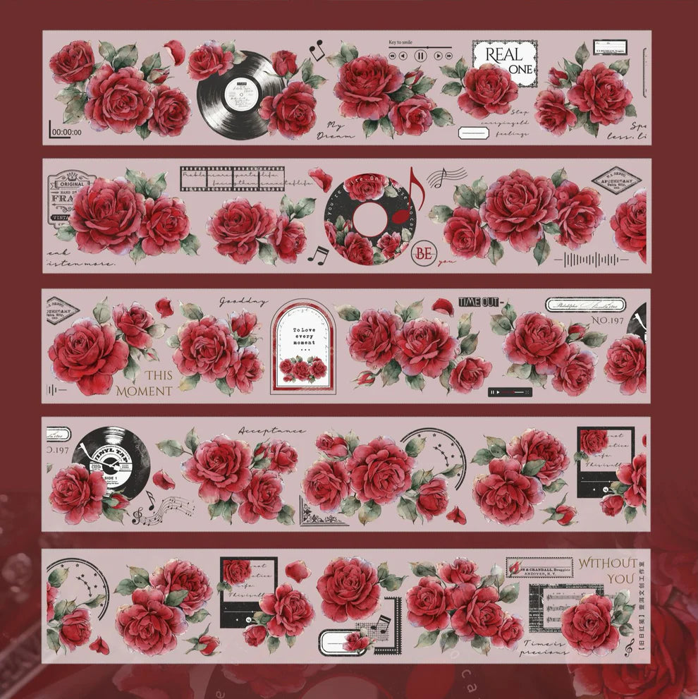 Decorative border strips with red roses and music notes on a red background