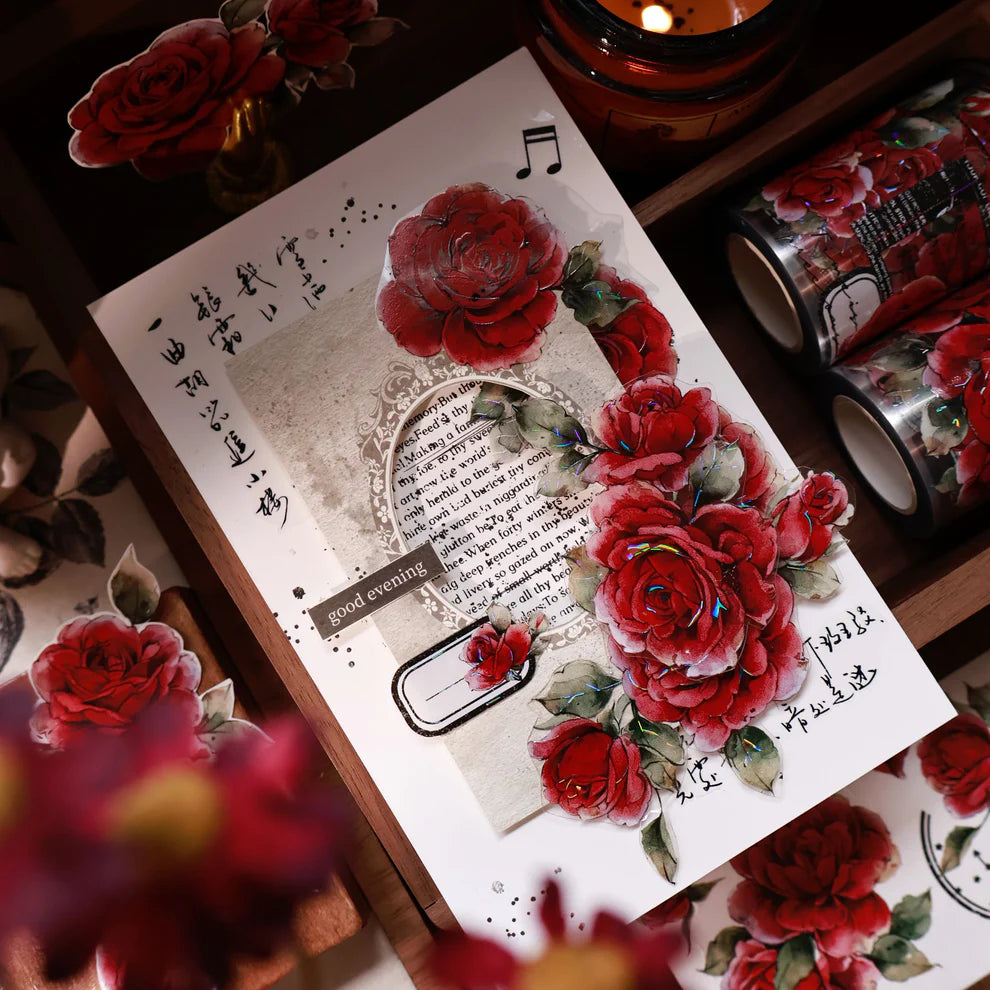 Card decorated with Old Days Red Paper PET Tape roses and musical notes on florals
