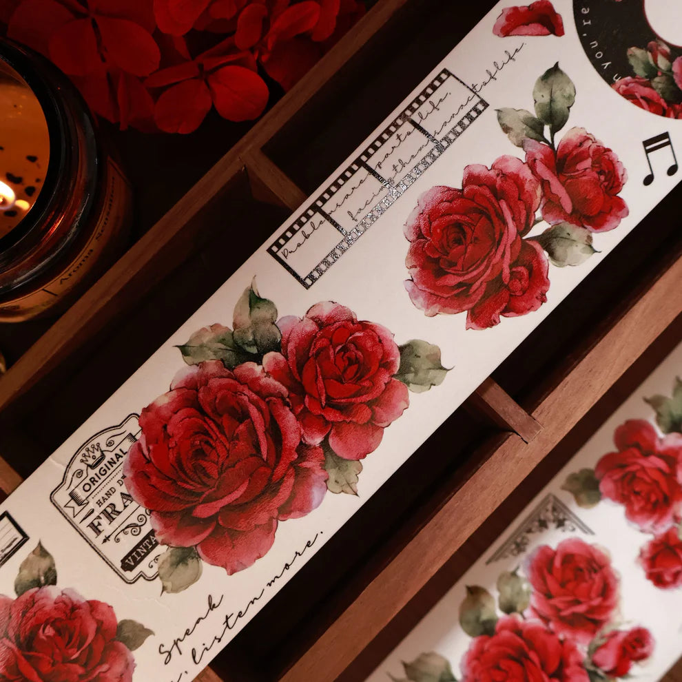 Old Days Red Paper Vintage Flower PET Tape roses and text styled on a wooden surface