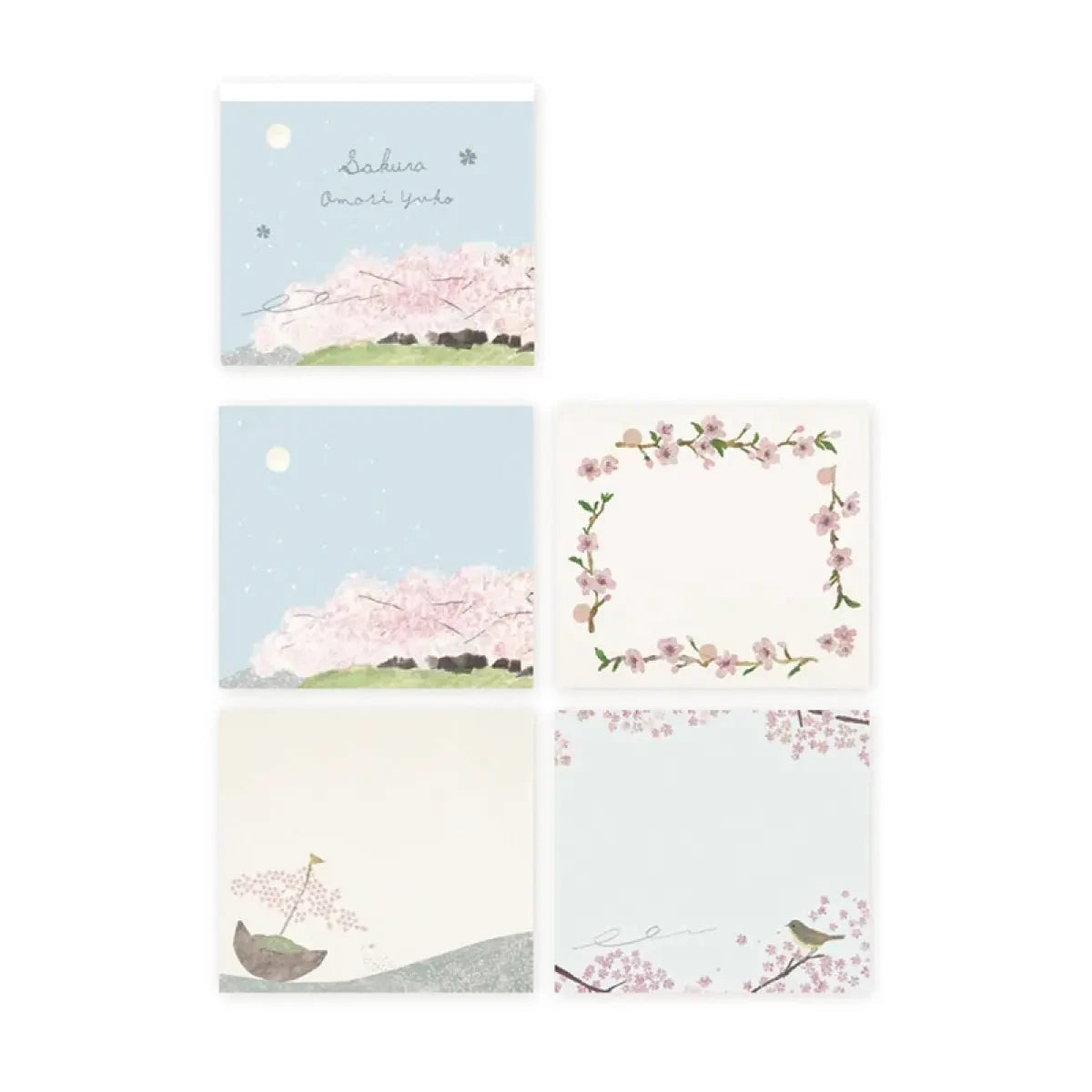 Set of Omori Yuko Sakura Memo Pad cherry blossom sheets displayed on a white background