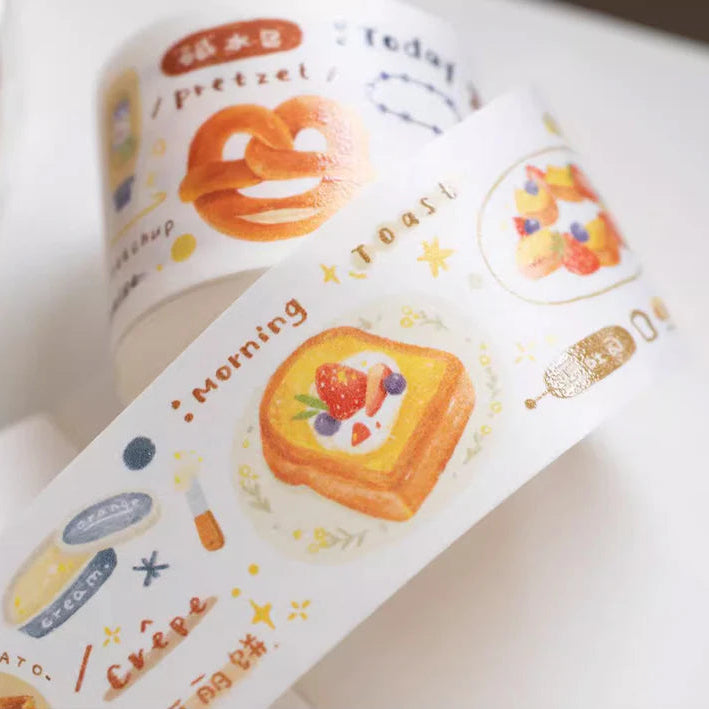 Strip of Breakfast Washi Tape breakfast food designs displayed on a clean white surface, close-up