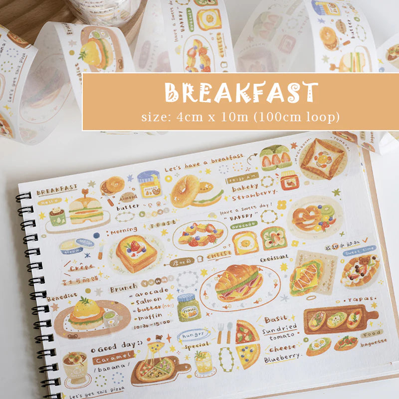 Notebook decorated with Breakfast Washi Tape morning food stickers on a white background, top view