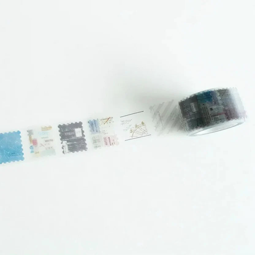 Strip of P-006 Basic PET Tape with postal-themed stamp designs on a white background