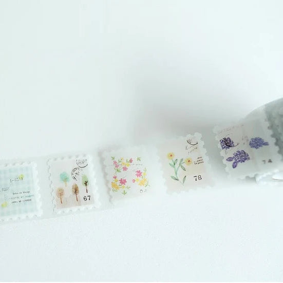 P-007 Letter PET Tape stamp-style floral and text designs laid on a white background