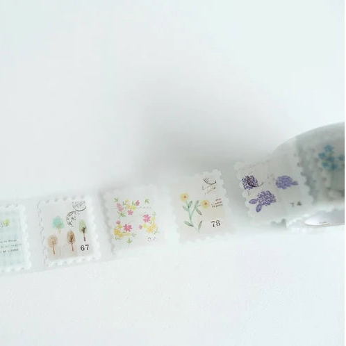 Close-up of P-007 Letter PET Tape floral stamp designs displayed on a white backdrop