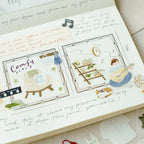 Illustrated pages in a notebook with scenes of a cozy living room, a plant-filled room, and a person playing guitar.
