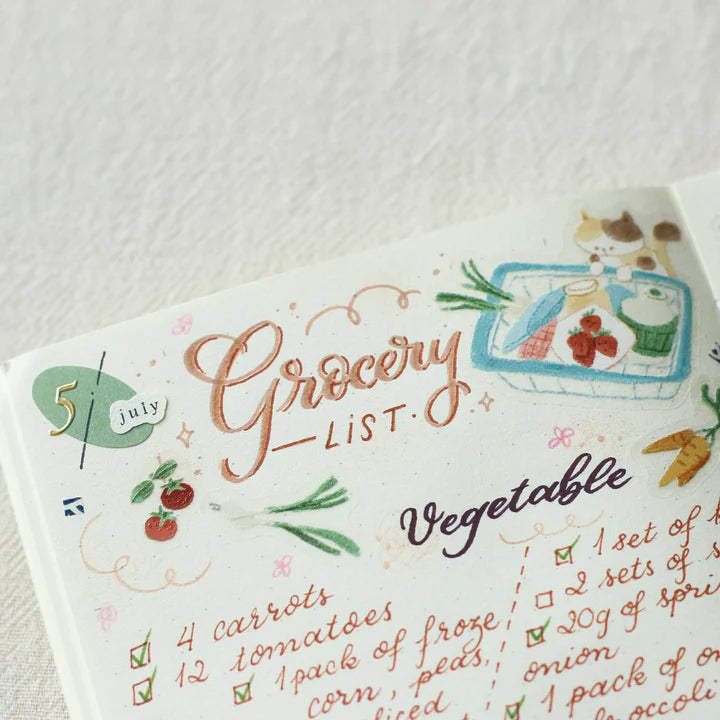 Grocery list decorated with Palette Life 2 PET Tape vegetable motifs on a textured surface