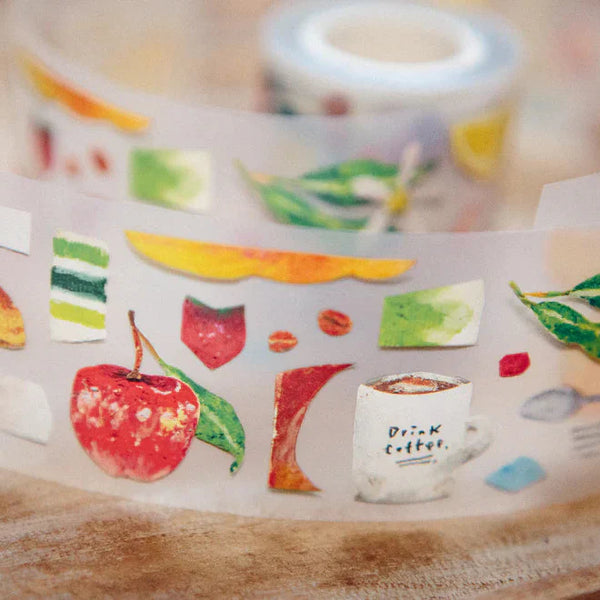 Paper Craft Eat Something PET Tape with fruit and coffee cup designs unrolled on a wooden surface
