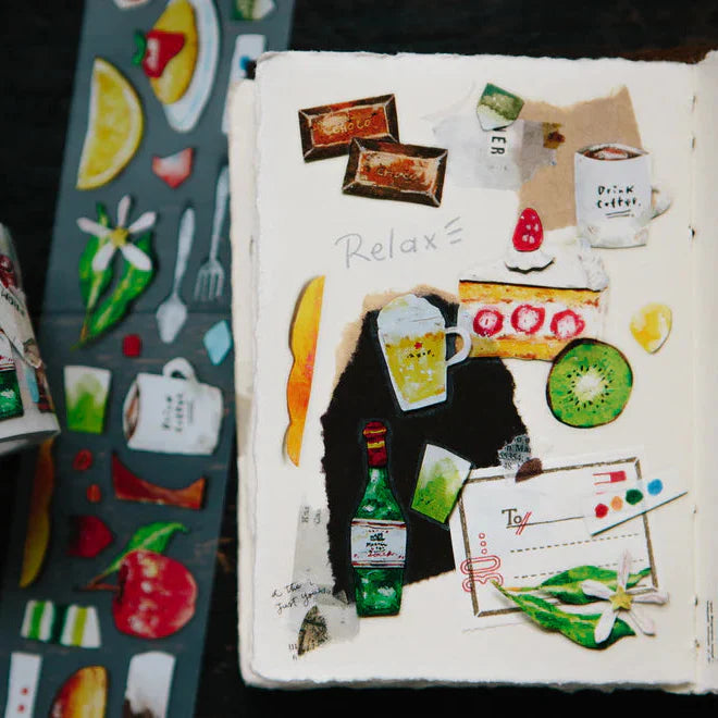 Notebook page decorated with Paper Craft Eat Something PET Tape food stickers and handwritten text