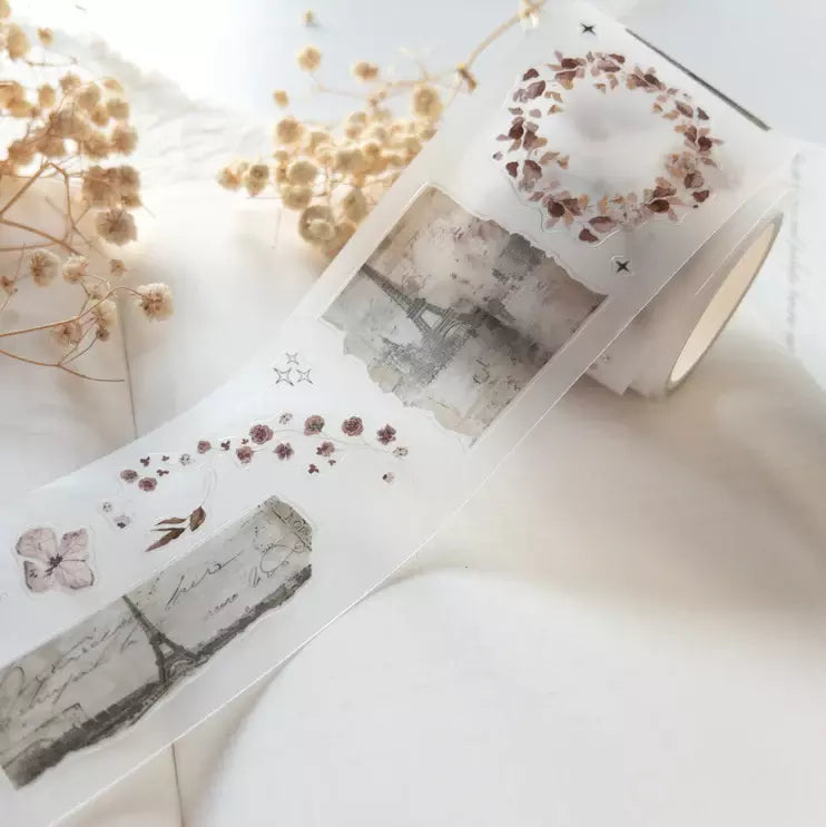 Paper Garden PET Tape floral and landscape designs with dried flowers on a white backdrop