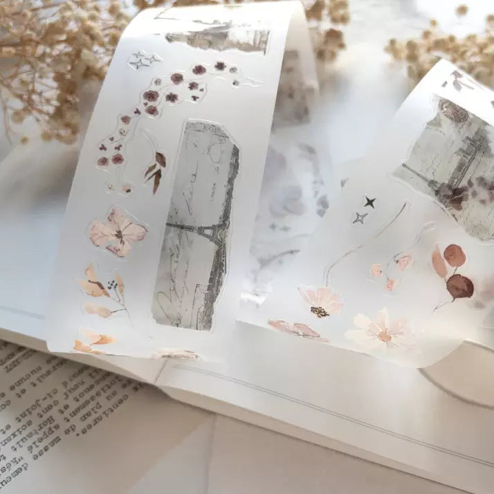 Paper Garden PET Tape floral and abstract designs applied across an open book page