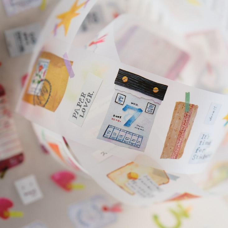 Paper Lover PET Tape by OURS Studio with colorful stationery-themed sticker designs on white
