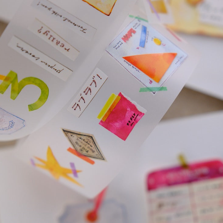 Paper Lover PET Tape colorful card-style designs with shapes and text laid on a white surface